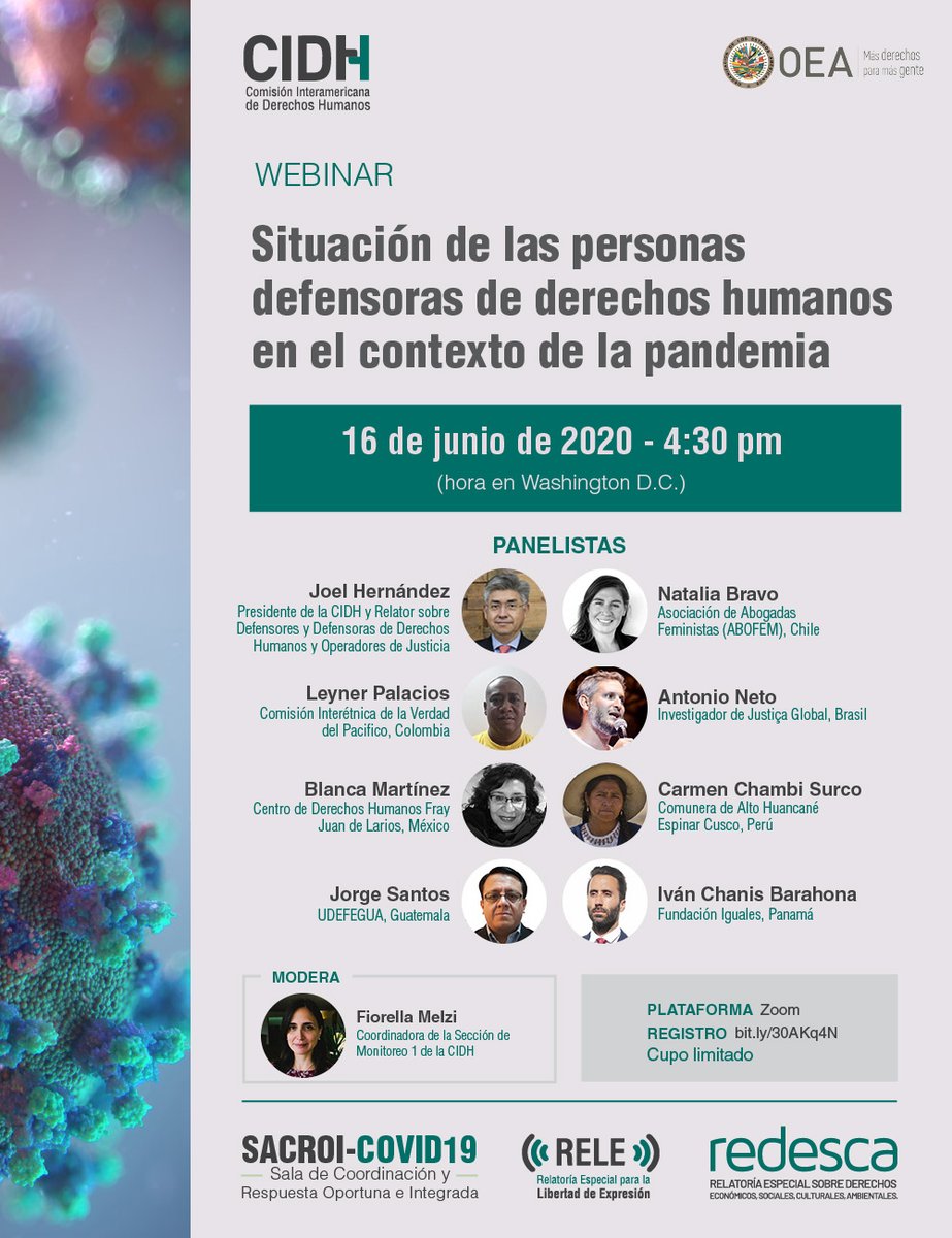 CIDH's tweet photo. #WebinarCIDH | Únete a la nueva sesión de seminarios virtuales organizados por @CIDH junto a personas invitadas:
📌Situación de las personas #DefensorxsDDHH en el contexto de la pandemia
🗓️HOY - 16/06/2020
⏰4.30 PM Washington DC
✍️🏾Regístrate aquí👉🏾 https://t.co/wI4NjQPfNK https://t.co/avQG12LUD6
