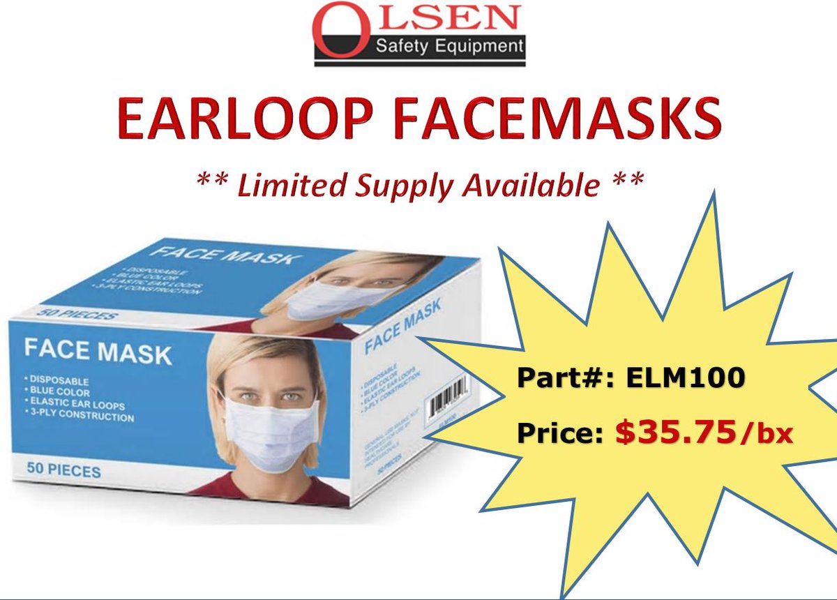 OlsenSafety's tweet image. #Earloop #FaceMasks NOW in stock, ready to ship! #LatexFree, adjustable #nosepiece &amp;amp; #3Ply #Polypropylene construction. Contact us w/questions or to order: 800-343-6461 | olsensafety@sbcglobal.net

#Disposable #Mask #Facecover #ELM100 #PPE #StopCovid #Coronavirus #Prevent #Germs
