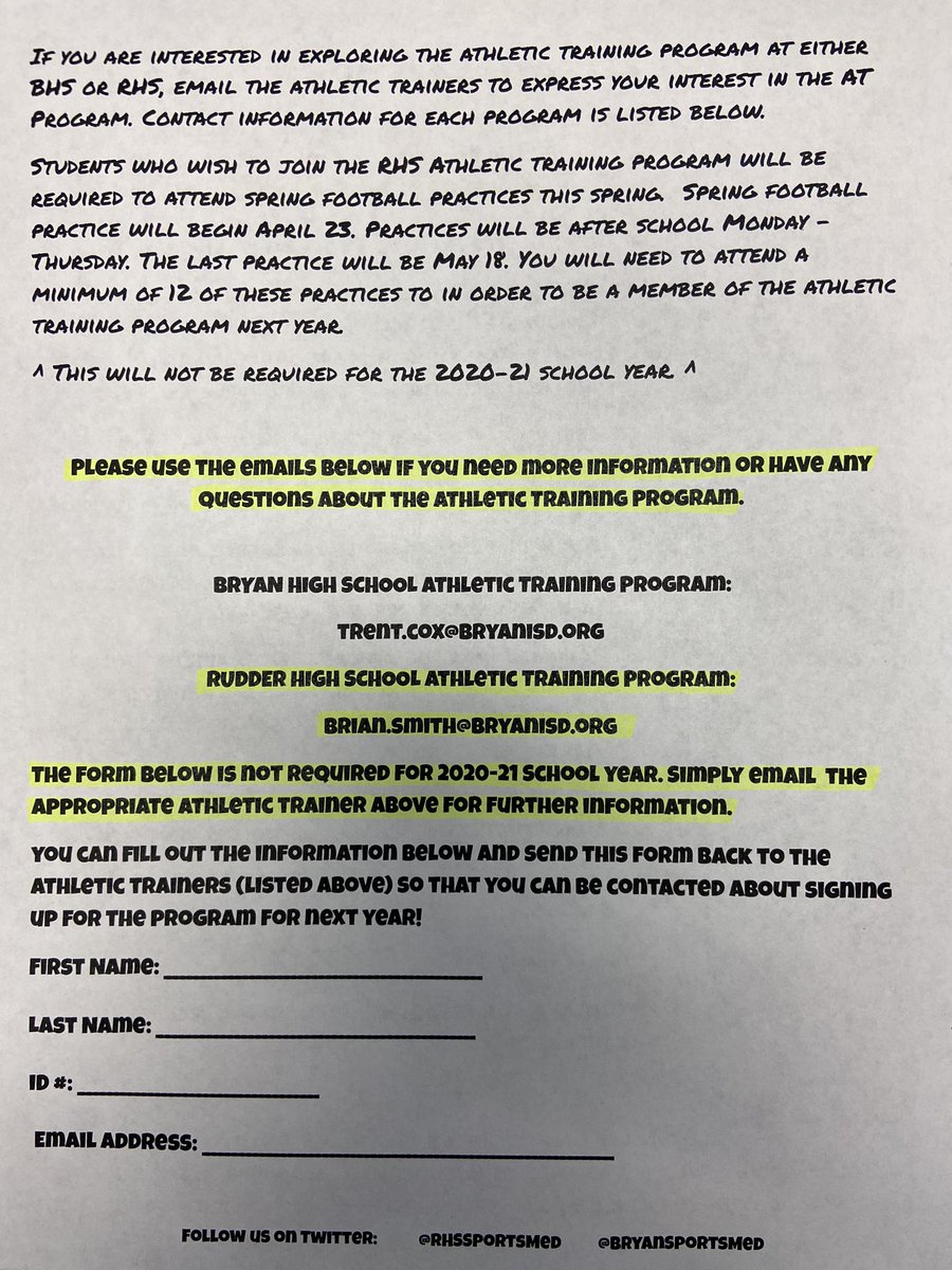 For any RHS students interested the athletic training program, we will be holding 2 informational meetings this summer. Dates are June 30th and July 14th. Both meetings will take place at the RHS fieldhouse at 2 PM. Refer to the flyer for more info. <a href="/RudderSports/">RudderSports</a> <a href="/RudderHS_BISD/">Rudder High School</a>