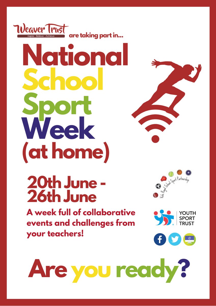 BarntonMrAM's tweet photo. We can’t wait to take part in National School Sport Week (at home)! 7 days of fun, active challenges set by @ValeRoyalSSP and videos from your teachers.  Have fun, try something new and post your videos to win a medal! @youthsporttrust #BCNPSport #NSSWtogether https://t.co/5gTrxZMiUW