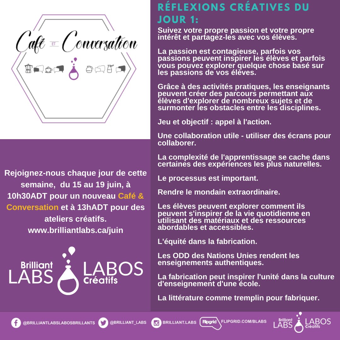 labos_creatifs's tweet image. Vous avez manqué ce qui a été dit lors de notre 1er Café&amp;amp; Conversation-#FunCréatif-sans écran? Voici les réflexions Jour 1! @Gov_NB @nsgov @francophonesud @nseducation @DSF_NO
@InfoPEI @CSLF_IPE @DSFNordEst
@EDU_GovNL @EducationPEI @CSAP_Officiel