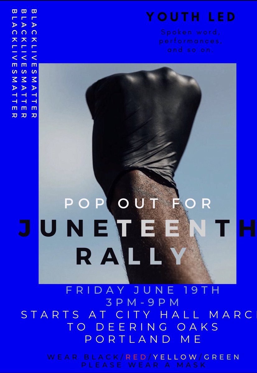 BLMPortlandMe's tweet photo. The Black youth of Portland have spoken! They are here to assemble and organize! 

BLM Portland is always here to uplift their voices and celebrate Juneteenth!We hope to see every single of you in attendance. This will be a celebration of the lives lost and lives we must protect! https://t.co/TCBph3tbLU