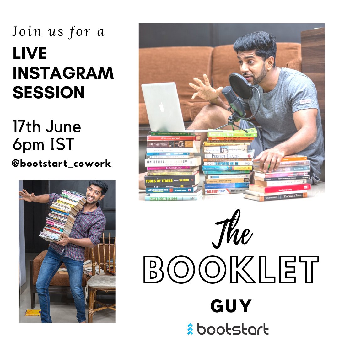 BootstartCowork's tweet photo. Join us for a live Instagram session with @bookletguy on 17th June @ 6 pm IST
#bootstartcowork #bootstartliveinsta #coworkindia #coworkingindia #coworkingspace https://t.co/1j5LXimfR5