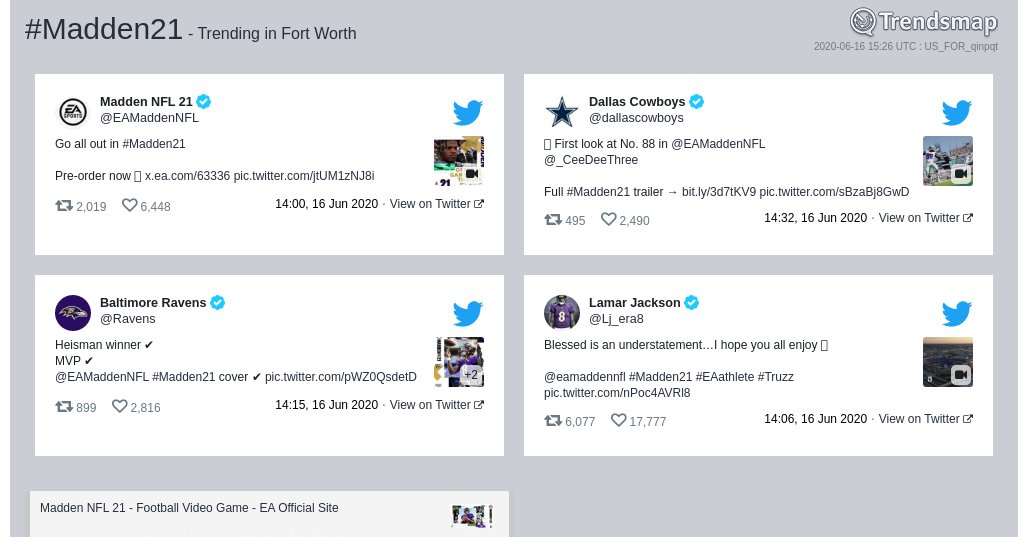 TrendsFortWorth's tweet photo. #madden21 is now trending in #FortWorth

https://t.co/S2WD5pY6dG https://t.co/4SLhycfHgj