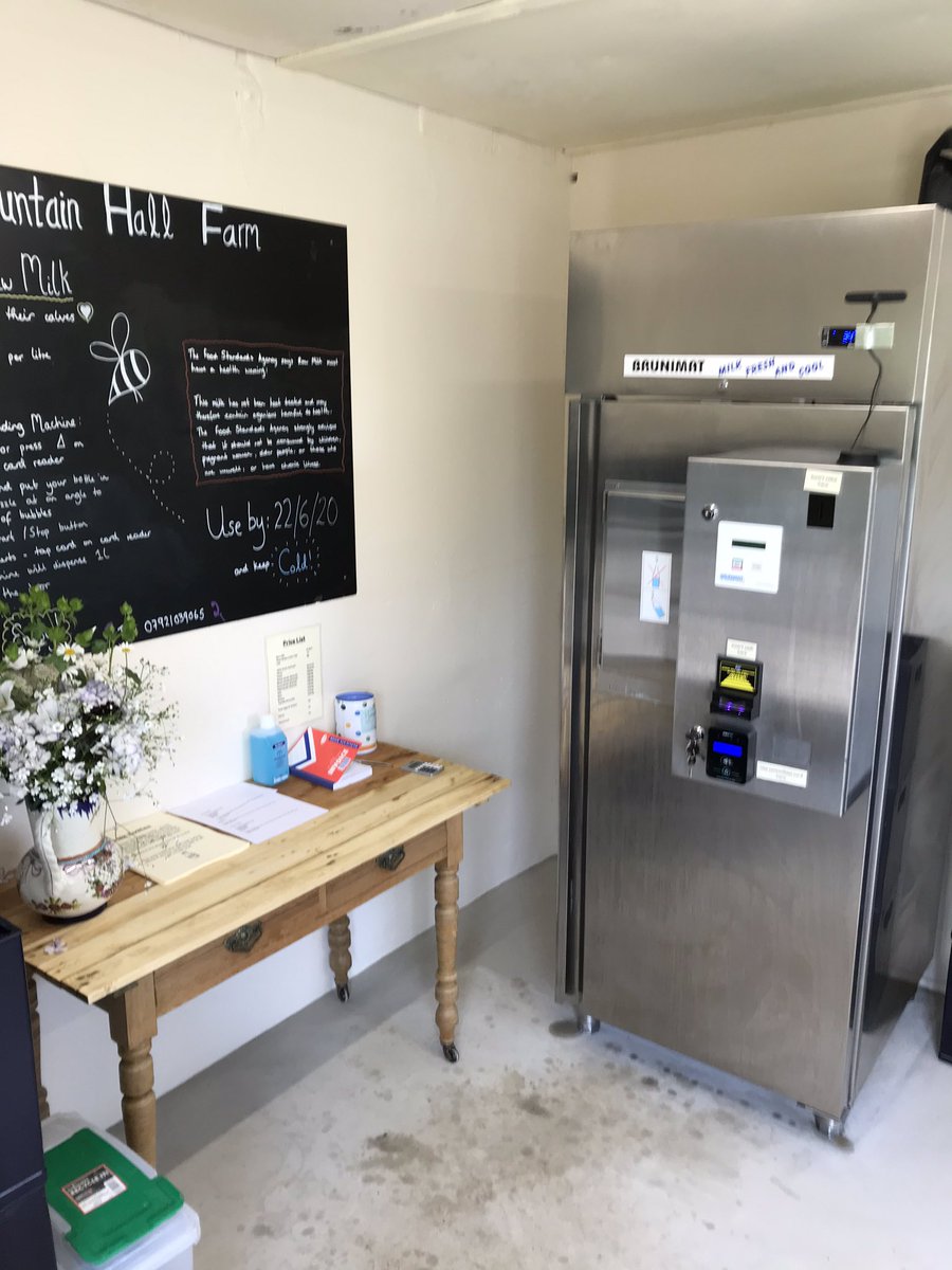 Today we reopened our farm shop to sell raw milk for the first time in 18 months. Now with a vending machine! Lovely to see locals picking up milk from us once again #microdairy #calfatfoot #rawmilk