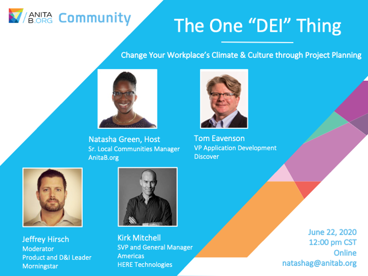 NatashaGreen25's tweet photo. RSVP &amp; join #tomeavenson #jeffreyhirsch #kirkmitchell on June 22nd, 12:00 pm CST for this online discussion, The “One ‘DEI’ Thing: Project Planning Your DEI Work”  hosted by @communityanitab, @AnitaB_org
#CommunityAnitaB, #AnitaBChicago
https://t.co/wikZLfFKId https://t.co/f266zBK5PI