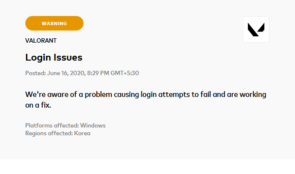 VALORANT_India's tweet photo. Asia Pacific and Korea regions are facing an issue with in-game login.
Let's be patient for the time being, they are working on it. We'll update here, once they fix the issue. Thank you!
#PlayValorantAsia #ValorantServer #ValorantIndia https://t.co/icQALa832q