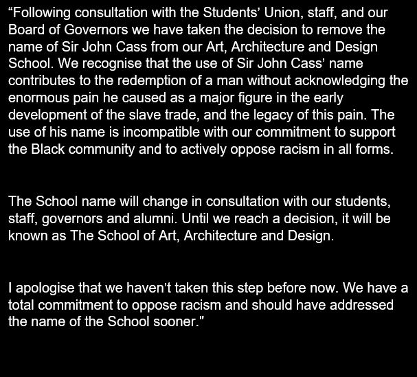 CassShortCourse's tweet image. Following the decision to remove the name of Sir John Cass from our Art, Architecture and Design School, here is our new short course Twitter account.

Read More below:

ldnmet.ac/gWXV50A3Zkd 

For tweets from the short courses please visit 
@SLdnmetarts