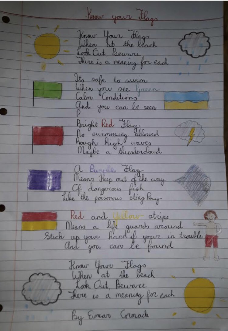 kilmanaghns's tweet image. Eimear wrote this fantastic poem all about water safety flags! @IWSie #WaterSafety #KnowYourFlags 👏🏻💦🏖