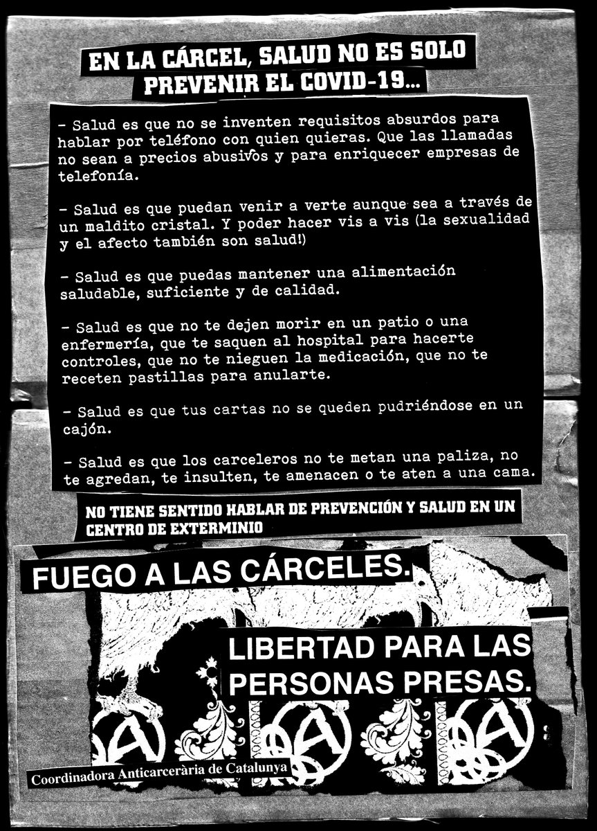 EN LA CÁRCEL, SALUD NO ES SOLO PREVENIR EL COVID-19...  Se han justificado las medidas represivas, de control, castigo y mas aislamiento con el hipócrita argumento de que se hacía por la misma salud de las personas presas.