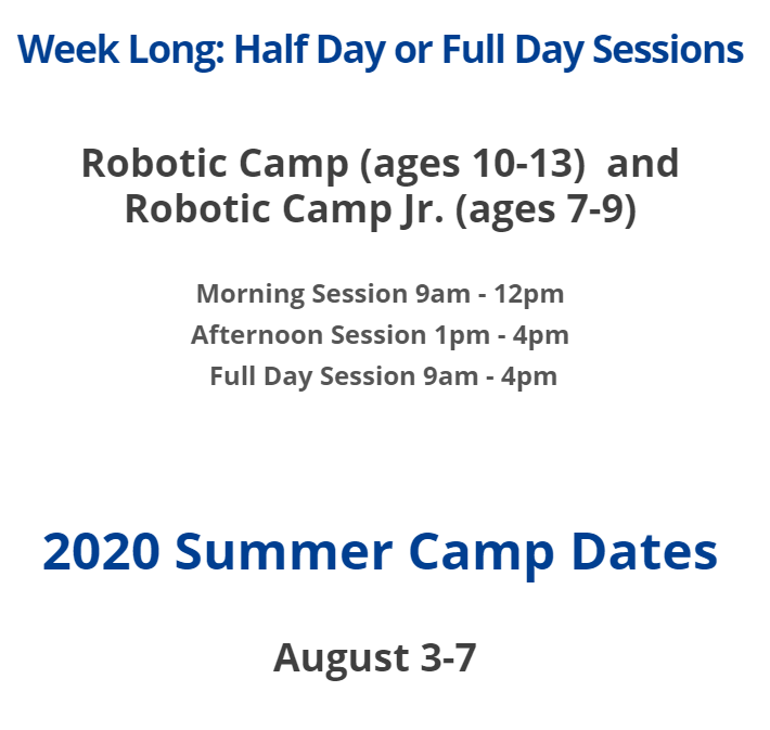 Roboticcampcary's tweet photo. August 3-7 Robotic Camp Cary Summer Camp Date
First Lego League (FLL) based learning coding and building using Lego Mindstorm. For more information visit https://t.co/azZ6tprTs6 Register now and help your child take a fun and exciting approach to coding. #summercamps #STEMlearn https://t.co/VYGhAHb0tT