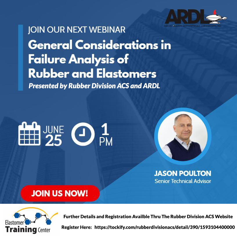 ARDLdotcom's tweet image. ARDL announces Webinar Course: General Considerations in Failure Analysis of Rubber and Elastomers brought to you by @RubberDivision and ARDL.  

Thursday, June 25th at 1pm 💻📲

Register today: bit.ly/3cWRpI3

#RubberTraining #RubberDivision #WeCanTestforThat #ARDL