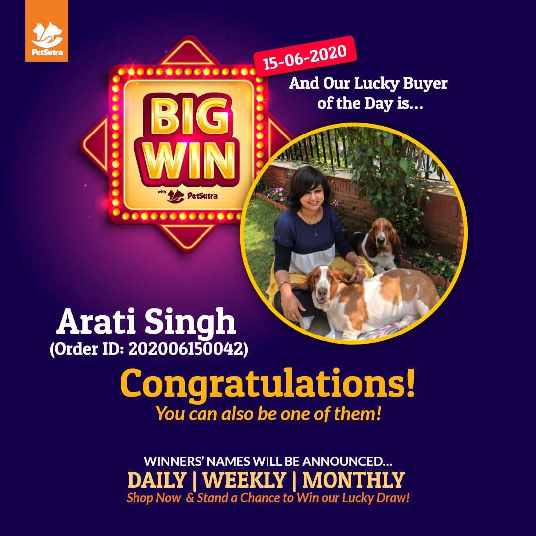 petsutra's tweet photo. Hurray! ๐ Many Congratulations to Arati Singh for being our Lucky Buyer of the Day (15th June)! ๐๐๐ป
Shop from PetSutra today! Enjoy best offers, rewards & more!
Call: 9899020333 to Order Online: https://t.co/DmI25eTCQP
#petsutra #bigwin #thinkpets #thinkpetsutra #shop https://t.co/mTEDm7nqsR