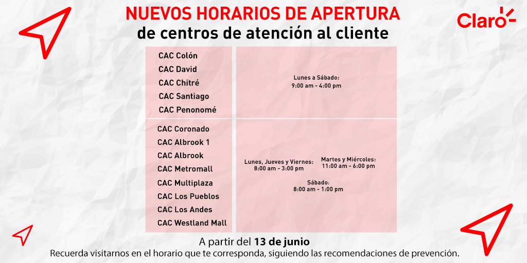 Desde el 13 de junio ¡Tenemos nuevos horarios en nuestros centros de atención al cliente! 📣 Brindando la mejor atención, garantizando la seguridad de nuestros clientes y colaboradores, tomando todas las medidas de prevención e higiene indicadas por las autoridades de salud.