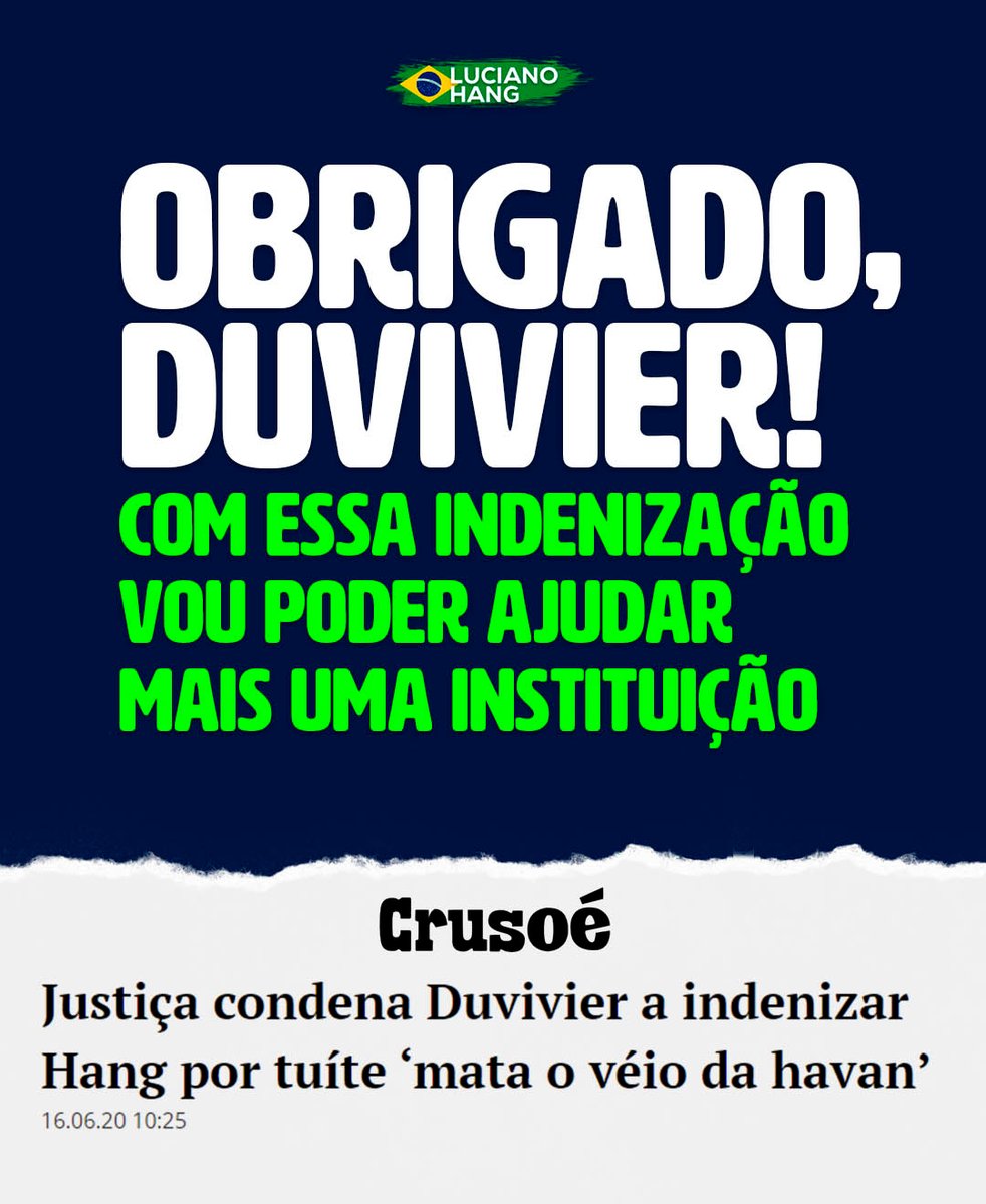 O <a href="/gduvivier/">Gregorio Duvivier</a> foi infeliz desejando que alguém matasse o “Véio da Havan”. Entrei com processo e ganhei uma indenização de R$25 mil. O dinheiro será doado para a APAE. Mais uma oportunidade de fazer o bem. Para ele, só um recado: não foi dessa vez que pedi música no Fantástico. kkk