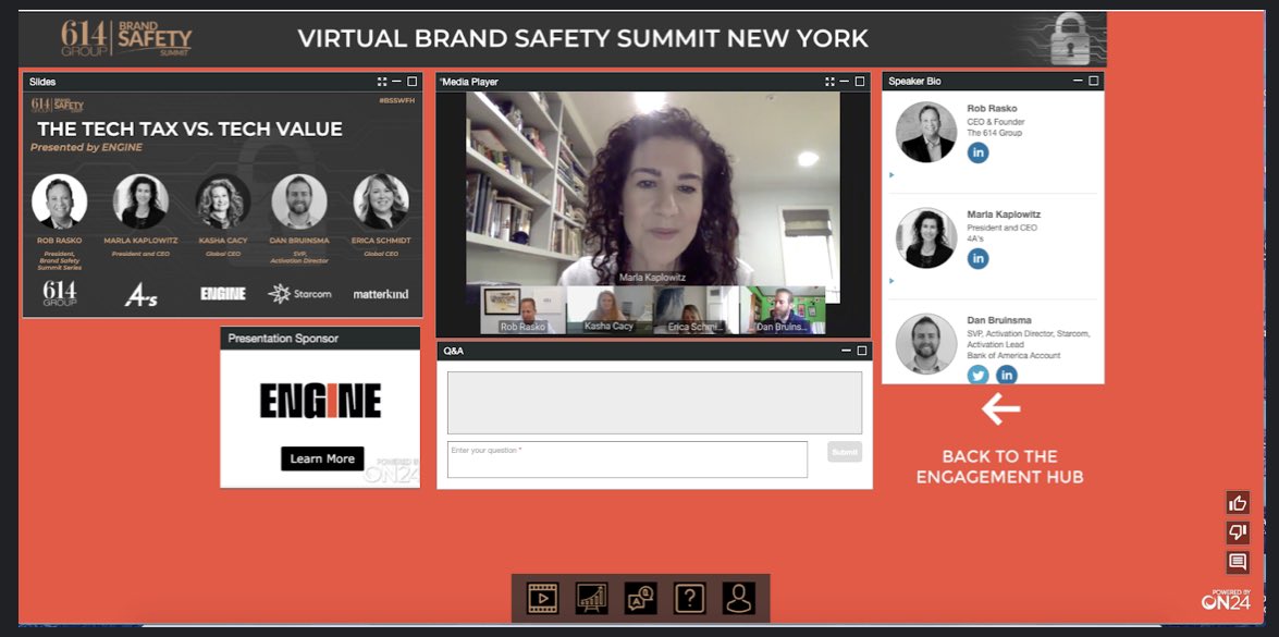 LIVE now: @4As President & CEO @meknyc and @614GroupRob discussing tech tax vs tech value as part of @614group Virtual Brand Safety Summit NYC #brandsafety #BrandSafetySummit #transparency