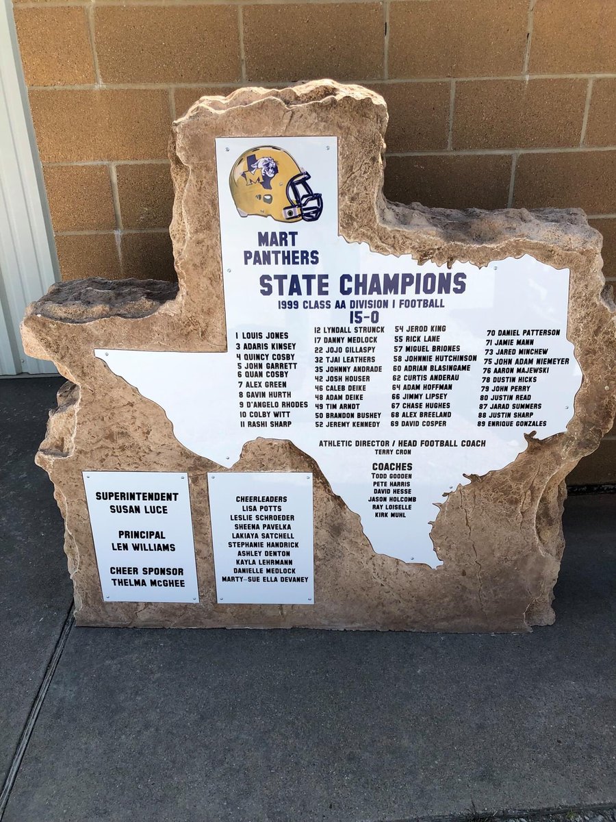 Super_Centex's tweet photo. Thank you Panther Club and donors. The 1999 Mart Panthers not only won Martβs 1st title in 30 years but also led the NATION in scoring. #afgwt #martpanthers #m8rt #txhsfb https://t.co/Ne9VbE1Bpj
