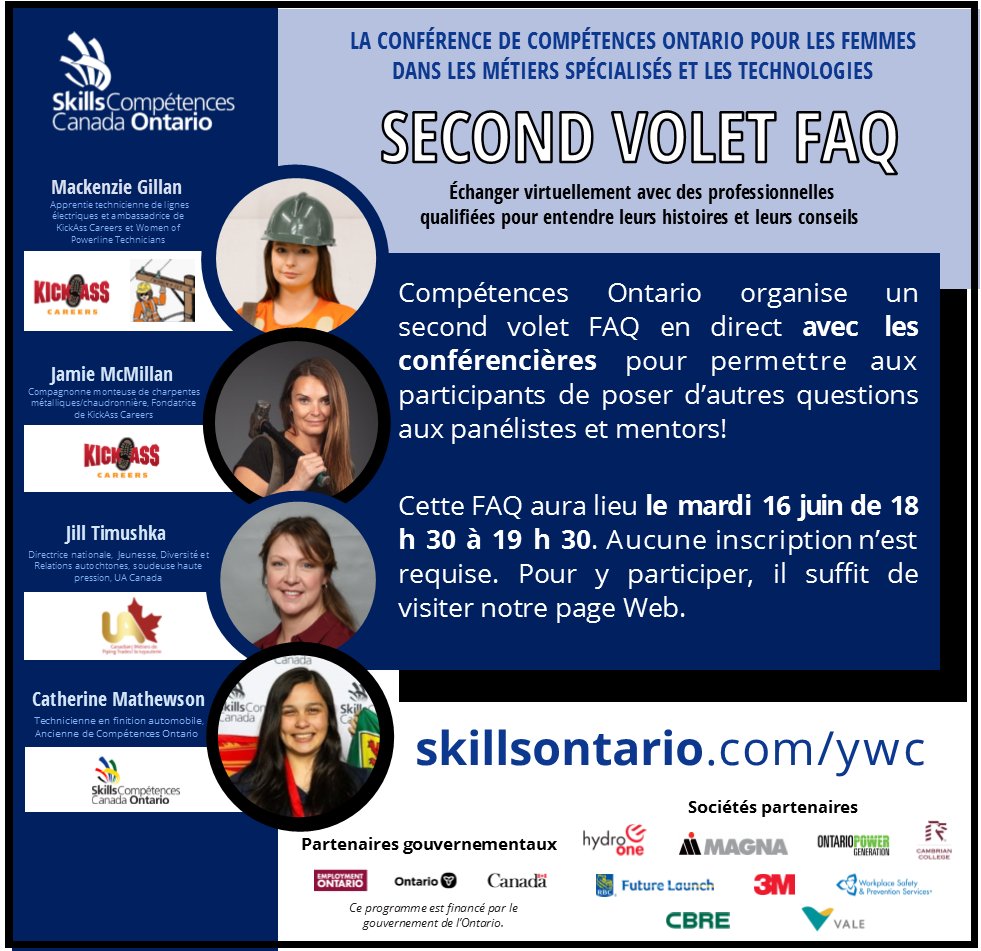Participez au second volet FAQ de la conférence pour les femmes, CE SOIR à 18 h 30 (HNE)! Visitez skillsontario.com/young-womens-c… pour accéder au lien affiché vers 18 h15. Joignez-vous à nous à partir de votre navigateur ou de l’application WebEx.