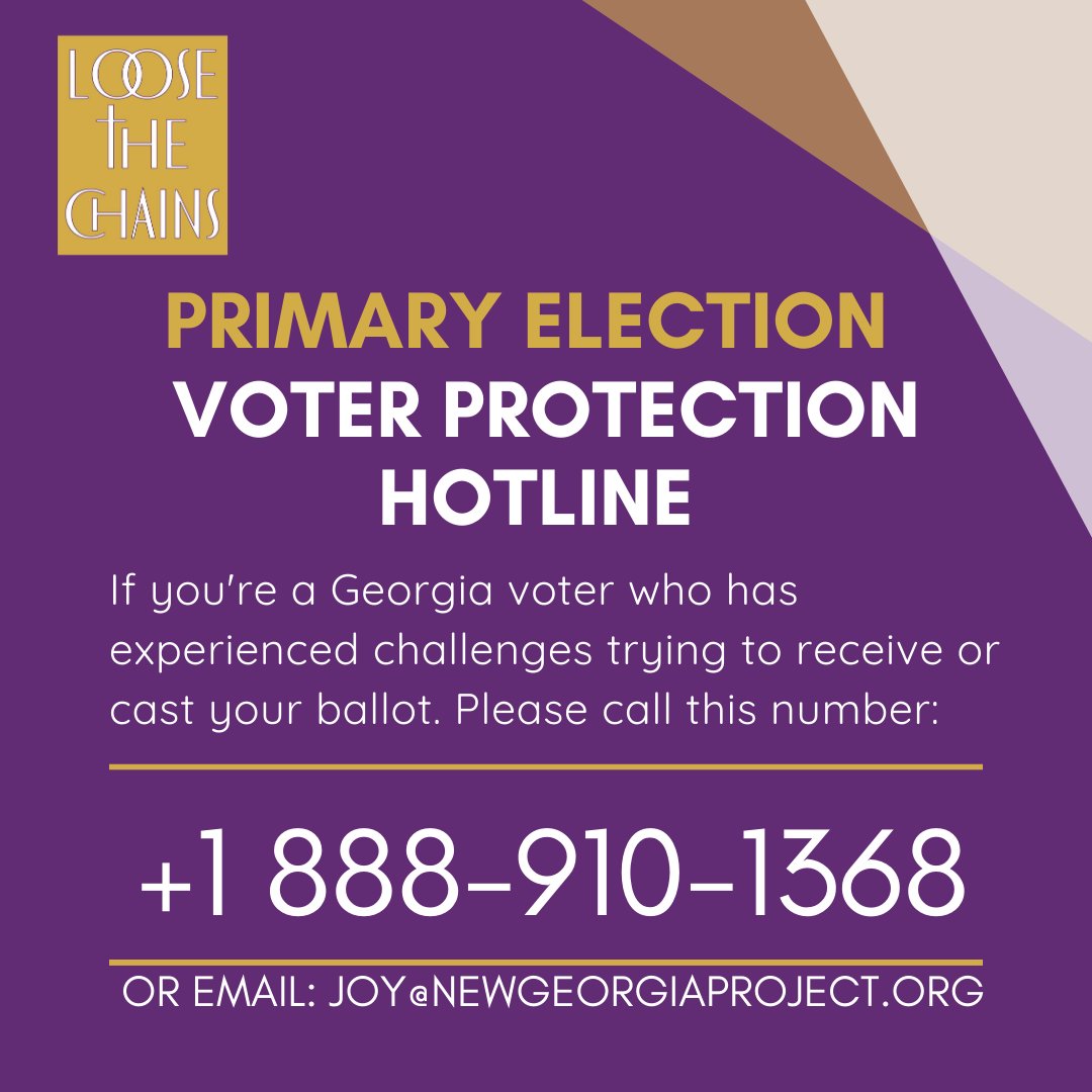 NGPFaith's tweet photo. Have you or someone you know experienced trouble with voting for Georgia's June 9 Elections? If so, we need to hear from you. Please call our #ElectionProtection hotline or email and share your story. This will help us hold the election system accountable!
#LoosetheChains https://t.co/1qk4HeYne1
