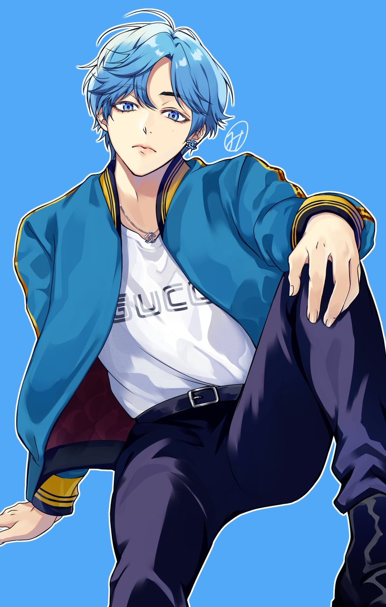 1boy male focus blue eyes solo blue hair pants jacket  illustration images