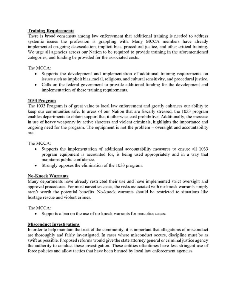 MjrCitiesChiefs's tweet photo. MCCA releases its initial set of LE reform recommendations. We are committed to working with all stakeholders to hold LE accountable &amp; build trust with the public and look forward to exploring additional steps to address policing and societal shortcomings. #RelationalPolicing https://t.co/5Lu2eeP9xm