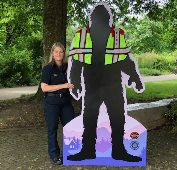 Thanks <a href="/cityofcorvallis/">City of Corvallis</a> Fire Dep't for turning the OSFM's popup Bigfoot into this 7' life-size display to help promote #FirePrevention. Look for him if you're in Corvallis &amp; grab your own Bigfoot stand-up character from our website: bit.ly/2RZLWsb.
#BelieveInFireSafety