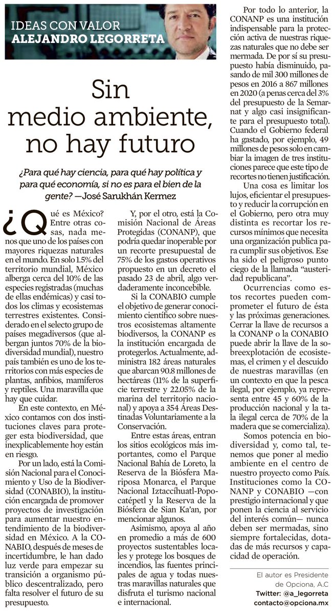 México ocupa 1.5% del territorio mundial, pero alberga cerca del 10% de la especies. 

La CONABIO y CONANP ponen la ciencia al servicio del interés común. 

Sin medio ambiente, no hay futuro. Mi colaboración de hoy en <a href="/Reforma/">REFORMA</a> <a href="/reformanegocios/">NEGOCIOS</a> 

alejandrolegorreta.com/sin-medioambie…