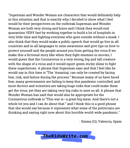 thekidswrite's tweet photo. "They are taking very big risks to save us all" - Emma (11), Valencia
https://t.co/14FkpeYLjs https://t.co/ct9UKl0Gr6