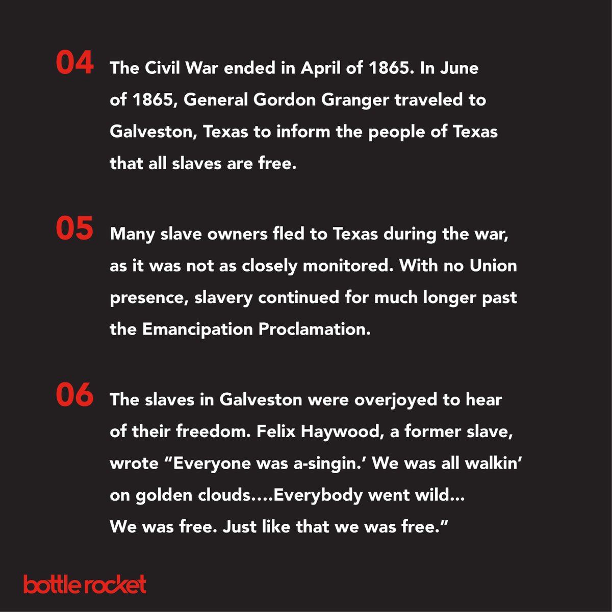 _BottleRocket's tweet photo. We are honoring Juneteenth with a day of rest and reflection. We reflect on the horrific circumstances that led us to today, but also celebrate the freedom of so many. Check out these 9 interesting facts about the origins of Juneteenth that you might not have known before. https://t.co/lhkctlZsOT