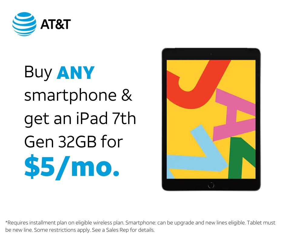 For a limited time, purchase ANY smartphone and get an iPad 7th Gen 32GB for only $5/mo. Hurry, this offer won't be available for long! Visit our store at 7687 w Ridgewood drive at Parma Shoppes, call us at 216.910.7324 or start your online order at: att.com/stores/ohio/pa…