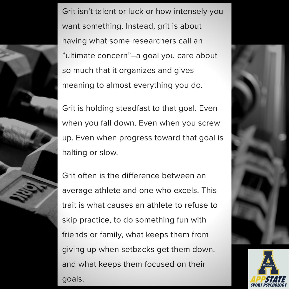 AppSportPsych's tweet photo. “Grit is often the difference between the average athlete and one who excels.” What drives your grit? #AppState #AppStateOfMind #SportPsychology #Grit 🧠💪 https://t.co/AoRacBjI6y