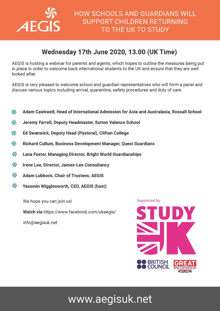 AEGIS will be hosting a discussion-led webinar for the parents of all of our overseas pupils. This is a wonderful opportunity to join a live discussion on how UK boarding schools will be providing the upmost diligence and duty of care to your child. 

aegisuk.net/webinar-how-sc….