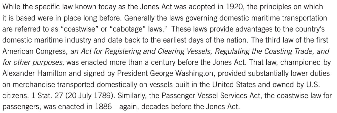 Before answering that question, let's go back to the first Congress. As  @KLGates (the lawyers employed by the Jones Act lobby) note in their Jones Act guide, one of its first acts was to discriminate against foreign shipping in domestic commerce:  https://www.jdsupra.com/legalnews/the-essential-guide-to-the-jones-act-25963/