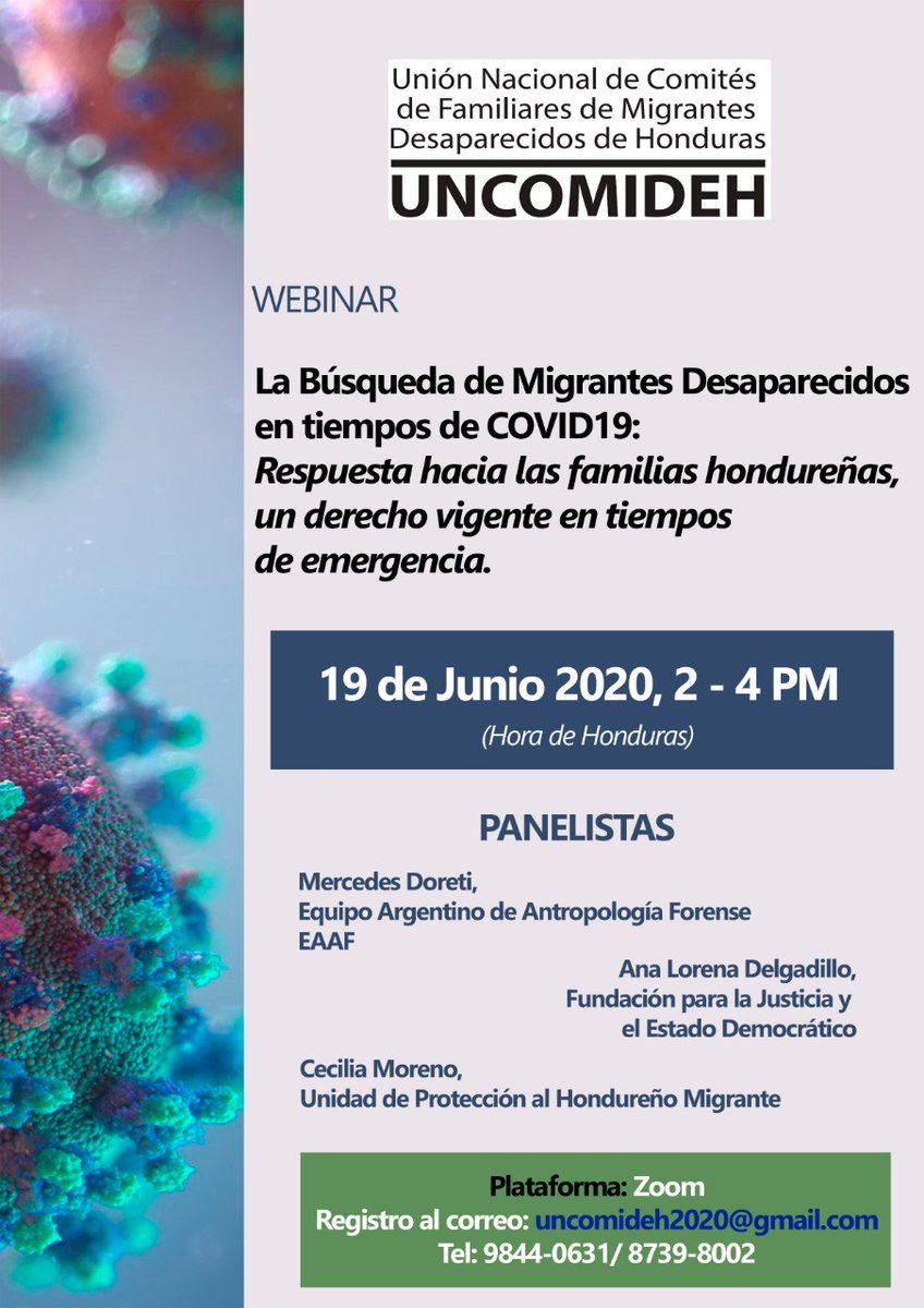 FJEDD's tweet photo. 📢Atención Honduras🇭🇳

Este viernes 19 de junio la Unión de Familiares de Migrantes Desaparecidos de Honduras invitan al webinar "La búsqueda de personas migrantes desparecidas en tiempos de #Covid_19" 
1 pm hora MX
2pm hora HN

Registro al correo 📩uncomideh2020@gmail.com https://t.co/8jszxRqcdm