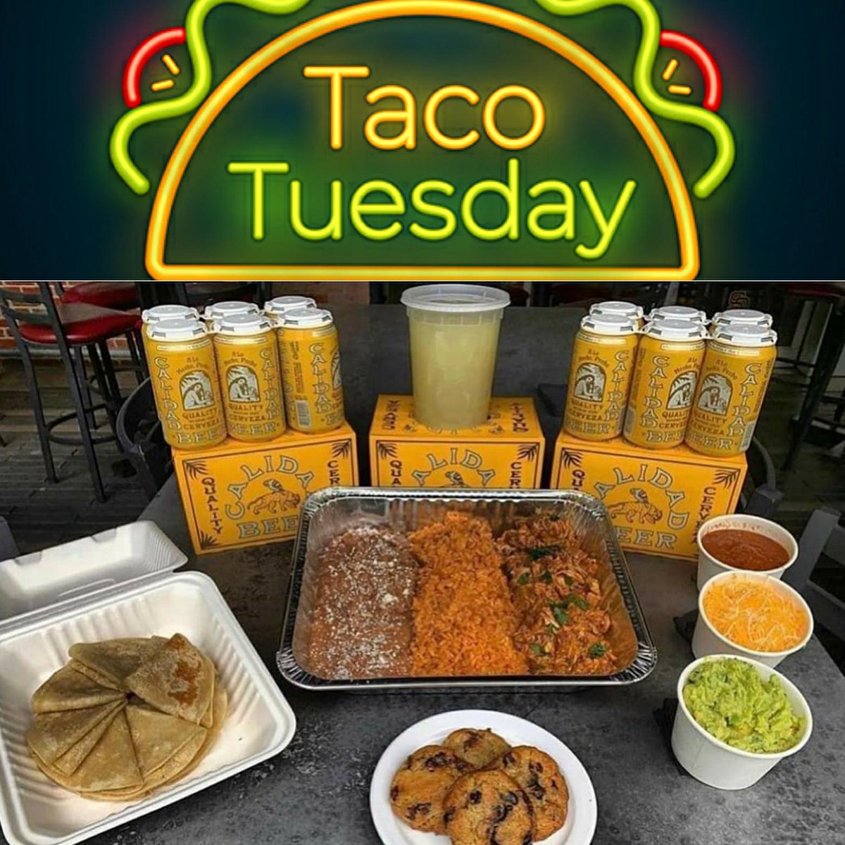 Taco Tuesday!

Pick up a $50 Taco Bar!

1.5 lbs Chipotle Chicken, Citrus Carnitas, or Veggie Mix

1 lb Mexican Rice

1 lb Refried Beans

1 Bag Tortilla Chips

8oz Guac, Salsa, &amp; Cheese

12 Corn or Flour Tortillas

4 Chocolate Chip Cookies

32oz Marg, Paloma, or 6 Pack Calidad!