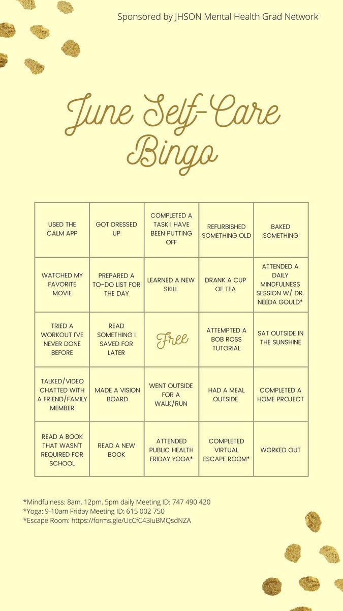 How many self-care squares have you completed in this month’s <a href="/JHSON_MHGN/">JHSON Mental Health Grad Network</a> Self-Care Bingo? Two weeks left in June! It’s never too late to start taking care of yourself ❤️ <a href="/JHUNursing/">Hopkins Nursing</a> #selfcare #selfcarebingo #mentalhealth #BeKindToYourself