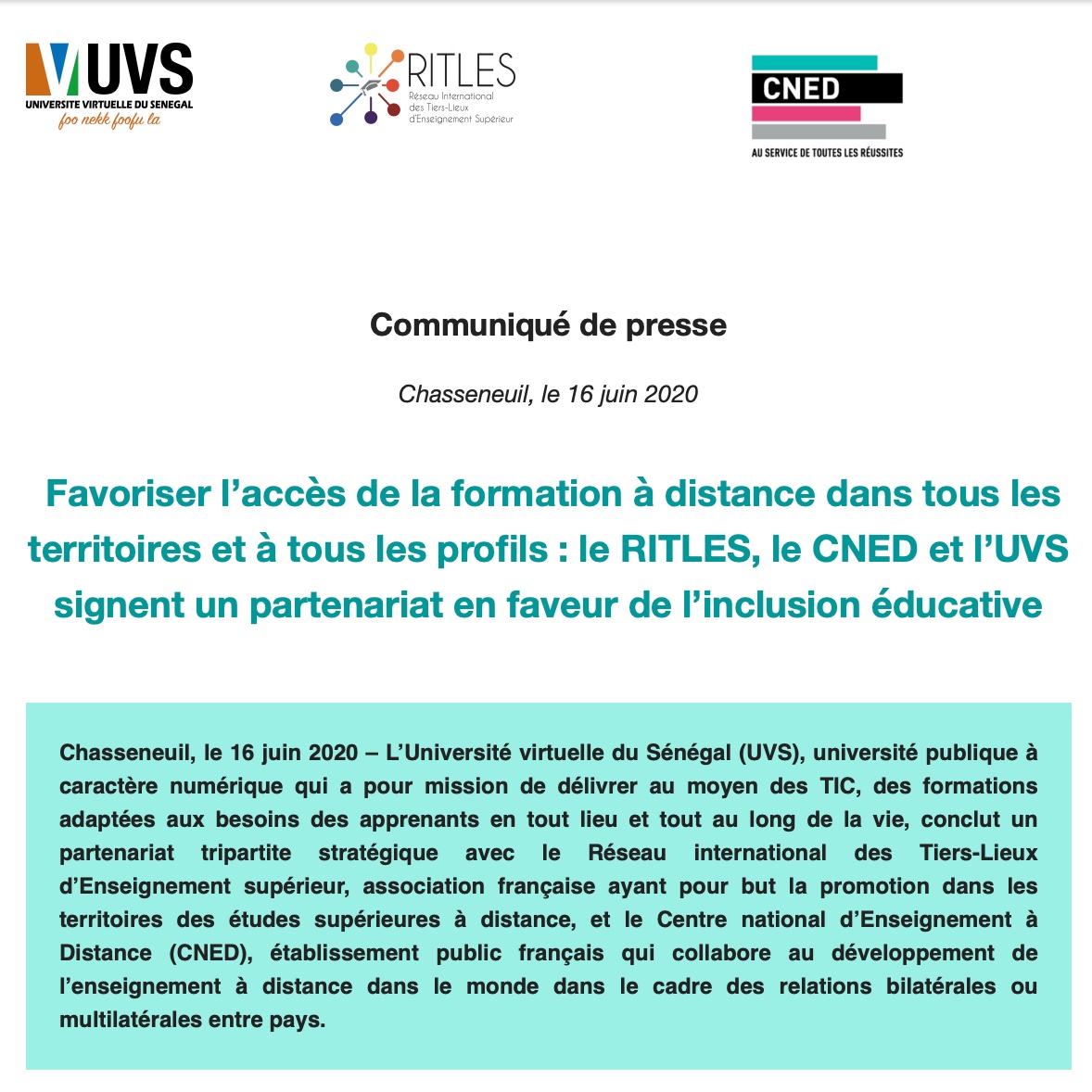 DigitalAcademie's tweet photo. 📢[COMMUNIQUÉ DE PRESSE]🗞
Favoriser l’accès de la formation à distance dans tous les territoires et à tous les profils : le #RITLES, le @cned et l’@UVS_Senegal signent un partenariat en faveur de l’#inclusionéducative

➡️ https://t.co/lrM86OrFye

#EnseignementSupérieur #Jeunesse https://t.co/NAT4f2S53R
