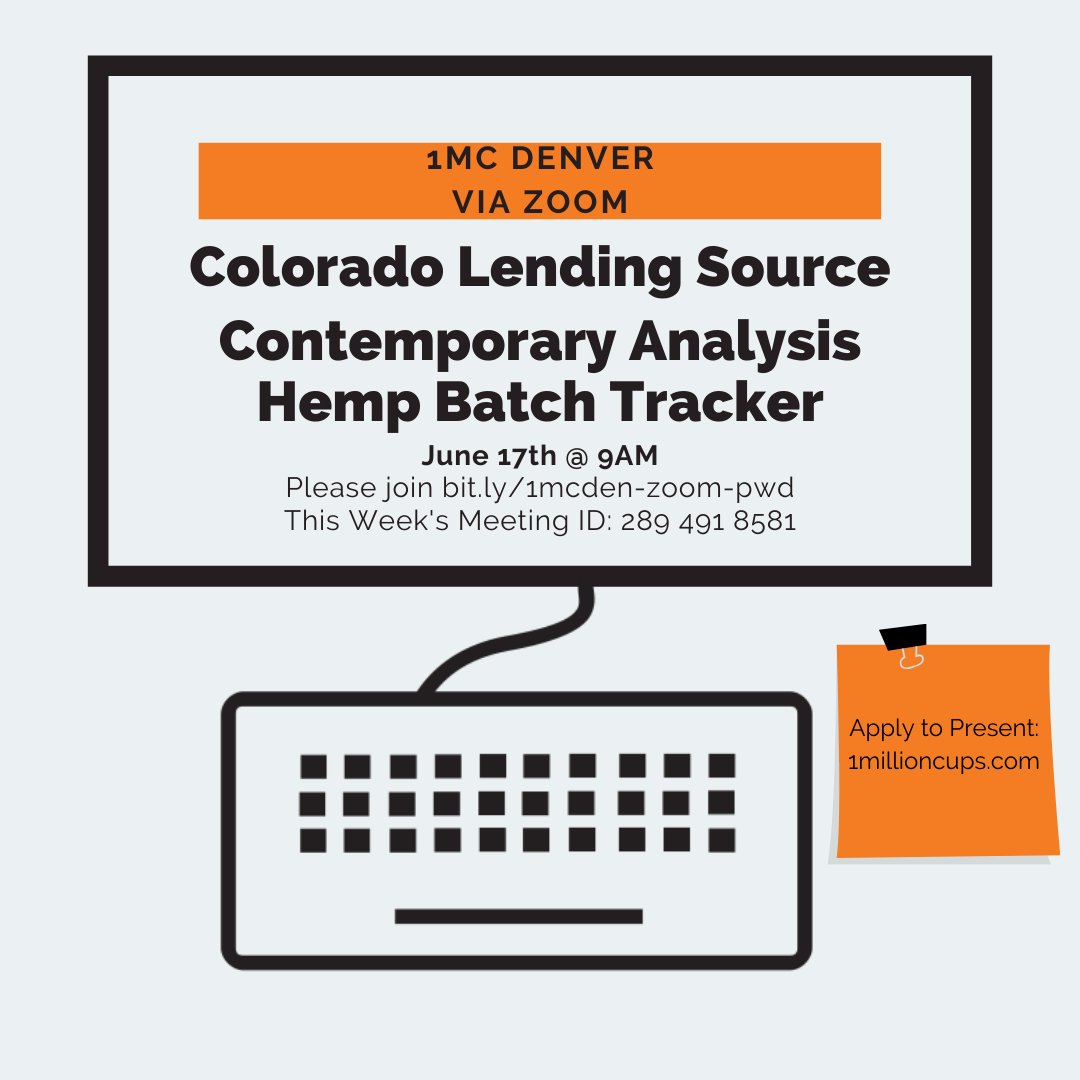 Tomorrow, Wednesday June 17th at 9:00 AM we will be hearing from Colorado Lending Source and Hemp Batch Tracker.

Virtual coffee starts at 8:45!

Join us via Zoom at bit.ly/1mcden-zoom-pwd