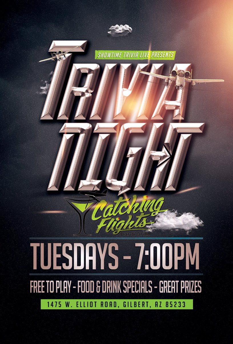 RealSTLive's tweet photo. Another #TriviaTuesday and Pop Culture Bingo night! Free to play - Shows start at 7pm!
#Trivia: 
@DraftGrill  - Mesa
Catching Flights - Gilbert

#PopCultureBingo: 
@TCspubGrub1  - Queen Creek https://t.co/AoMUGQ7ET2