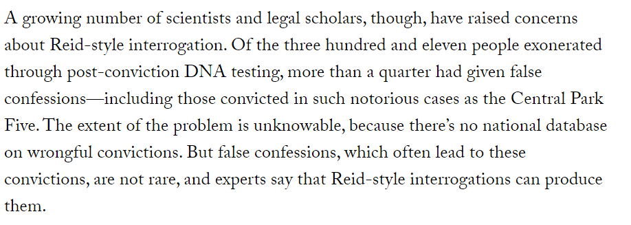 PROBLEM POLICE False Confessions reveal police interrogations can psychologically manipulate innocent persons into altered reality.  Prohibit custodial interrogations without an attorney present and prohibit Reid-style interrogation. See  https://www.newyorker.com/magazine/2013/12/09/the-interview-7