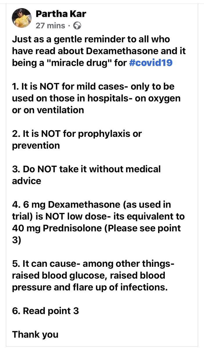 Message on #COVID19 and #Dexamethasone 

Note: For those with #Diabetes, read point 5 in particular

The main “weapons” continue to be social distancing and hand hygiene.

Thank you