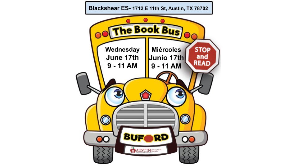 Come join Mr. Grape and AISD’s Library Media Services for a FREE book giveaway at the front door of Blackshear Elementary tomorrow, Wednesday June 17, 9-11 a.m. All AISD students are invited! Help beat the Summer Slide! Come get some books! 😆