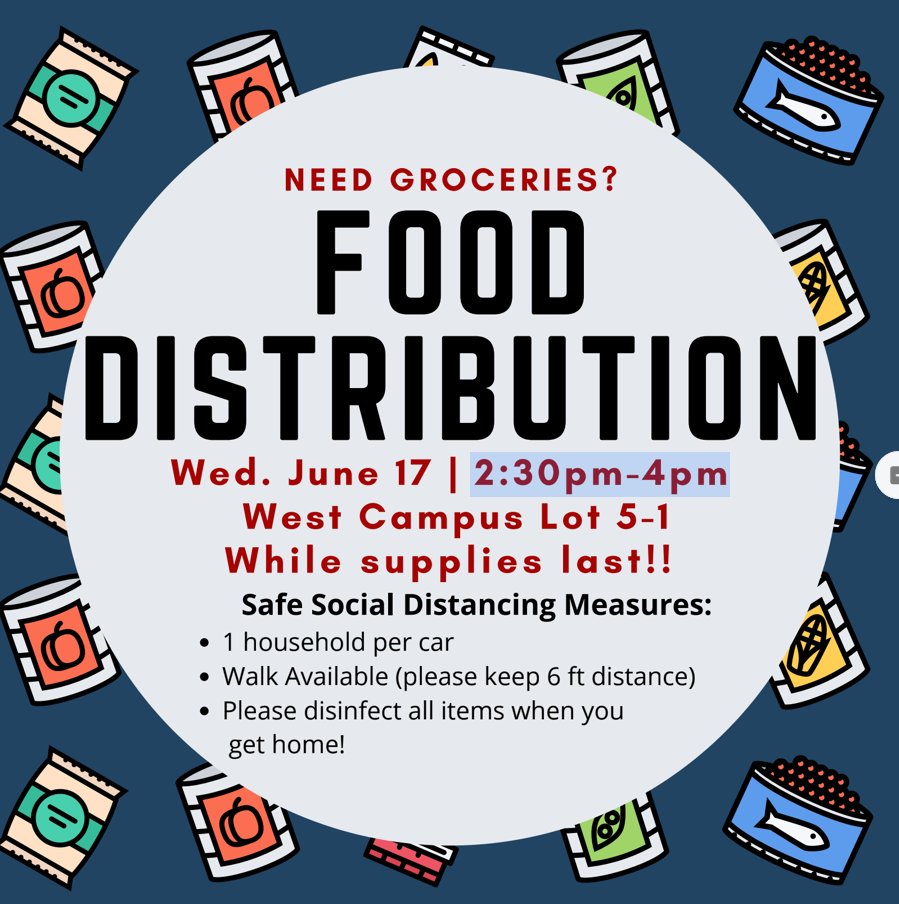 SantaBarbaraCC's tweet photo. Join us for a Food Pantry Drive Thru Food Distribution on Wednesday 6/17 from 2:30 to 4 p.m. in the West Campus Parking Lot 5-1 for free prepackaged bags of nonperishable foods &amp; and fresh produce while supplies last. Please practice safe social distancing for this event. https://t.co/SZ8WqYqPnU