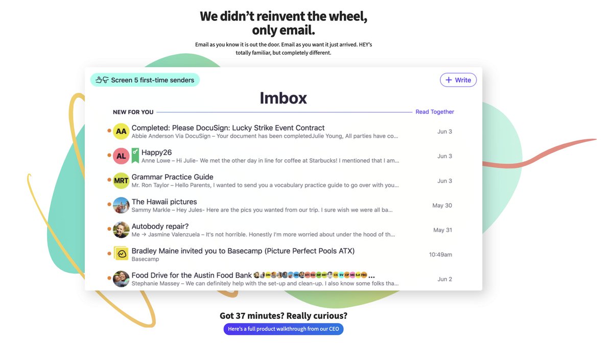 Differentiation is free marketing. @Basecamp's top marketing tip is an original product philosophy. First, they set the frame by explaining why email is awful. Then, they delivered a series of "surprising at first, but obvious in retrospect" features that people want to discuss.