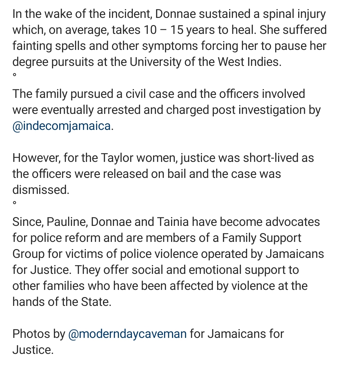 JAForJustice's tweet photo. "When I tried to rush over to help them, another officer pushed me out into the road. It was the most terrifying experience to see 7 police officers kicking and beating up my daughters.” 

#BrokenNotDestroyed #WehDiJusticeDeh #PoliceViolence #Jamaica https://t.co/uJFeP66SQ7