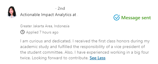 Caranya gimana supaya pesannya tepat? address the requirement with your solution.Sebagai contoh nih, misalkan gw butuh orang dgn (1) IPK cumlaude, (2) aktif saat dunia perkuliahan, dan punya (3) background consulting firm. Jadi yg harus kalian tulis adalah: