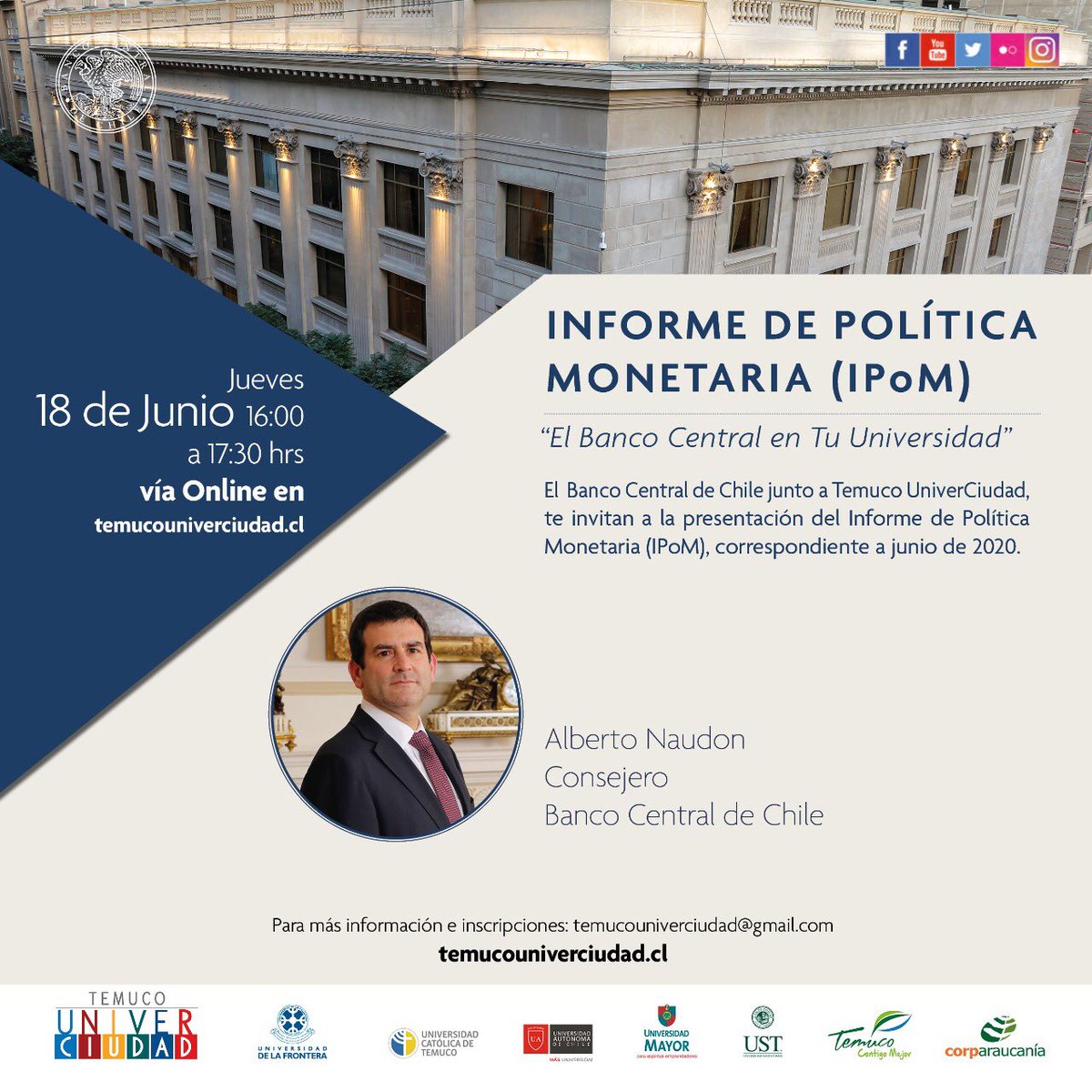 🔸Este jueves 18, el Consejero del Banco Central de Chile, Alberto Naudon, realizará el Informe de Política Monetaria (IPoM) del mes de junio, organizada en conjunto entre nuestra alianza y el Banco Central de Chile 👏🏻

📲Link de inscripción: forms.gle/Aufuk1mrkyyRfJ…