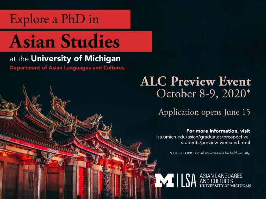 sangseraima's tweet image. interested in pursuing a Ph.D. in Asian studies? apply to the UM virtual Preview Event, Oct 8-9, 2020, hosted by the Department of Asian Languages and Cultures as part of our ongoing mission to promote diversity, equity, and inclusion in Asian Studies
lsa.umich.edu/asian/graduate…&quot;