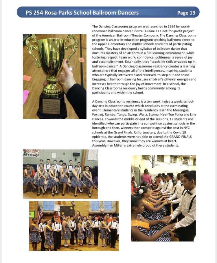 Ps254queens's tweet image. We are so proud to be featured in Assemblyman Mike Miller’s June Newsletter. He highlights our ballroom dancing team that won Gold in the fall! We are so proud of our students! #leadersofthepack @dancingclassroomsnyc @assemblymanmike @JCarreonambert @District27NYC