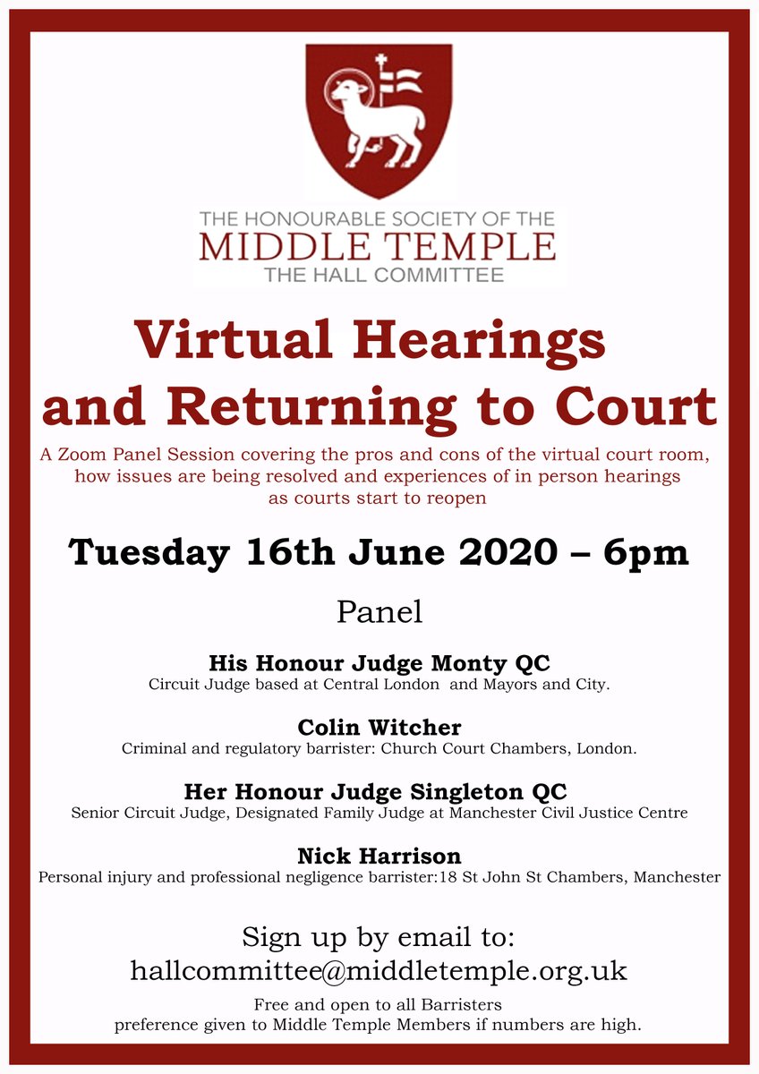 Starting shortly, our 2nd Zoom session on Virtual Hearings and Returning to Court. With speakers: HHJ Monty QC, Colin Witcher, HHJ Singleton QC, and Nick Harrison